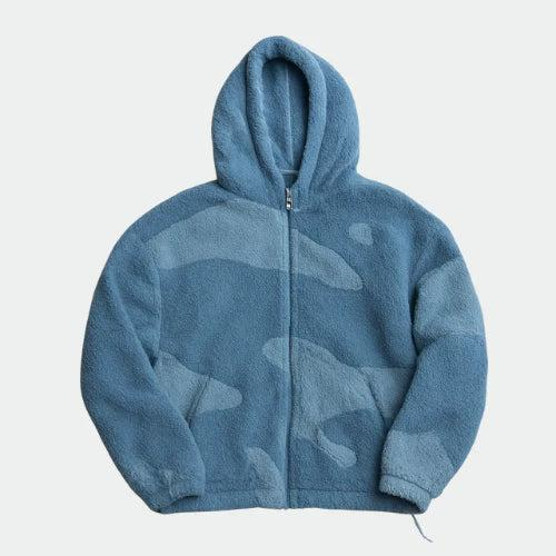 Fleecejack met capuchon en rits in blauw, met een subtiel patroon van tonale vlakken in twee tinten blauw. 3