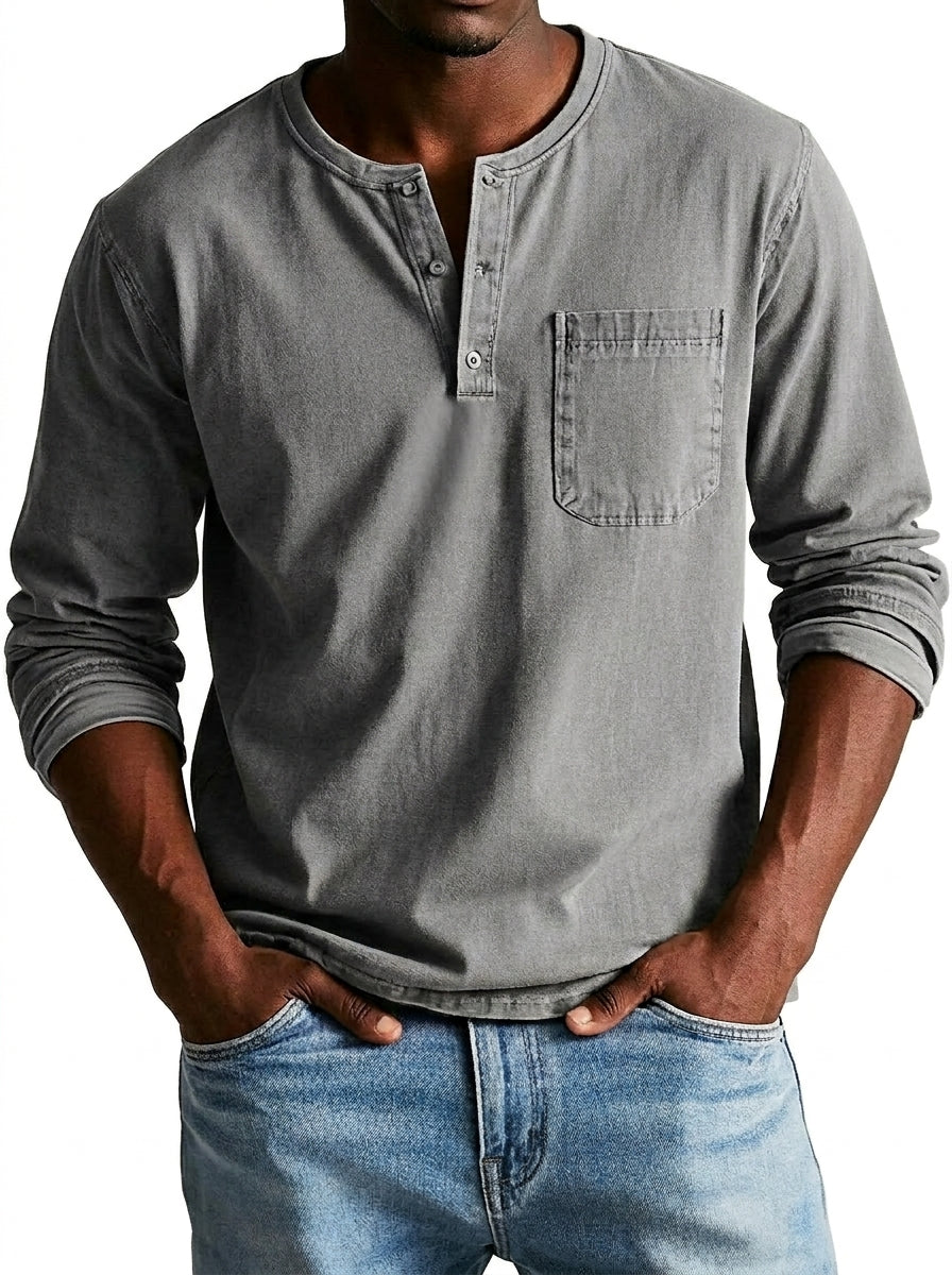 Men's Long Sleeve Henley Shirt with Button Placket and Chest Pocket 4