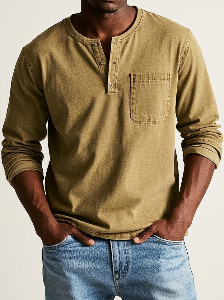 Men's Long Sleeve Henley Shirt with Button Placket and Chest Pocket 7