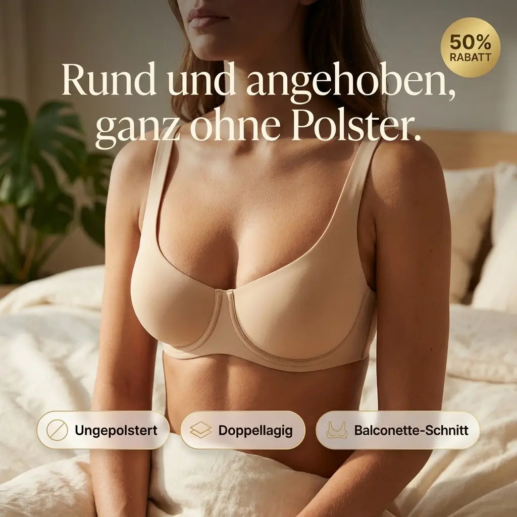 Vrouw in beige balconette-bh zittend op een bed, met een kamerplant op de achtergrond en promotietekst bovenin. 1