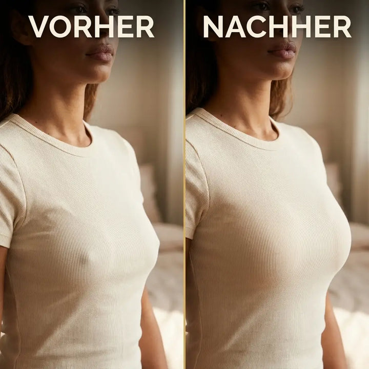 Voor-en-nadeelvergelijking van een vrouw in een crèmekleurig ribshirt, links zonder en rechts met de bh voor een gladde vorm. 3