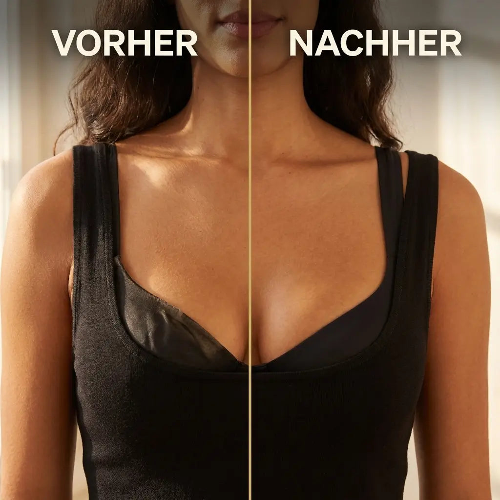 Voor-en-nadeelvergelijking in zwart topje: links ligt de bh-rand los, rechts zit de zwarte bh strak en gladder. 6