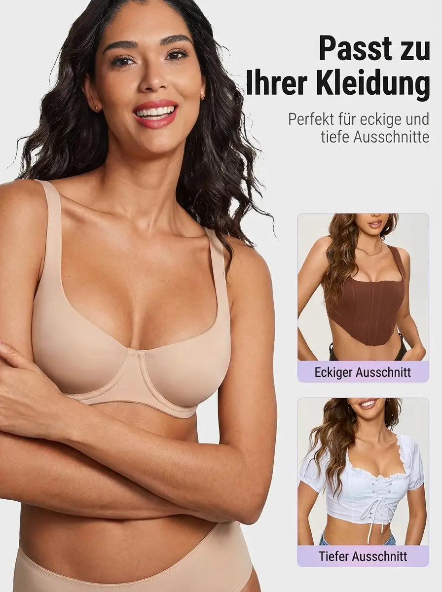 Lachende vrouw in beige bh met gekruiste armen, plus twee kleine foto's van een vierkante en een diepe halslijn. 10