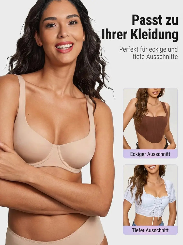 Lachende vrouw in beige bh met gekruiste armen, plus twee kleine foto's van een vierkante en een diepe halslijn. 10