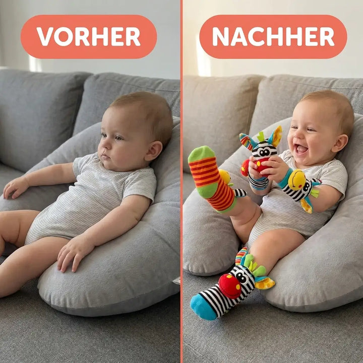 Vergelijking van een baby op een kussen: links kijkt rustig voor zich uit, rechts lacht met rammelaars en rammelsokken. 4