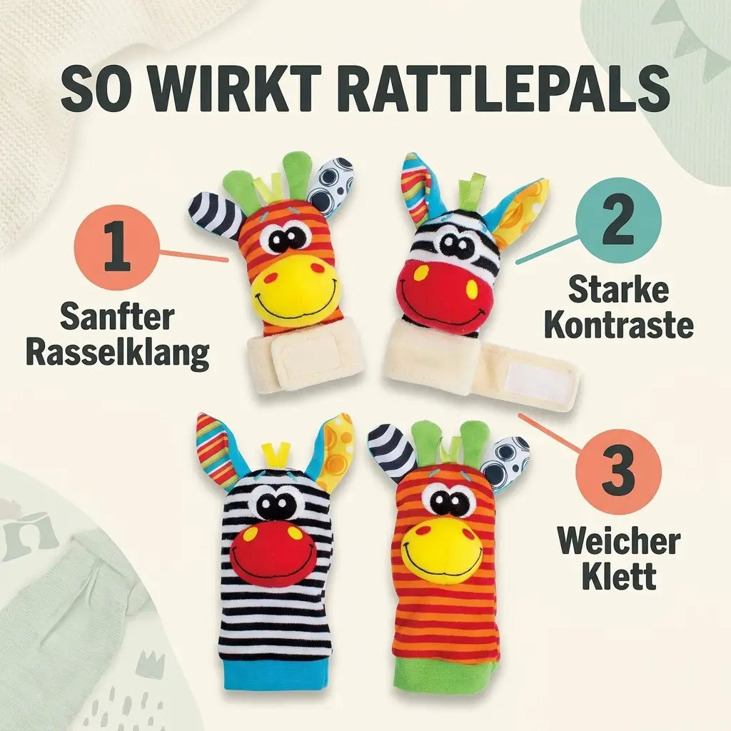 Twee polsrammelaars met klittenband en twee rammelsokken in zebra- en girafdesign, bij elkaar gelegd met genummerde kenmerken. 5
