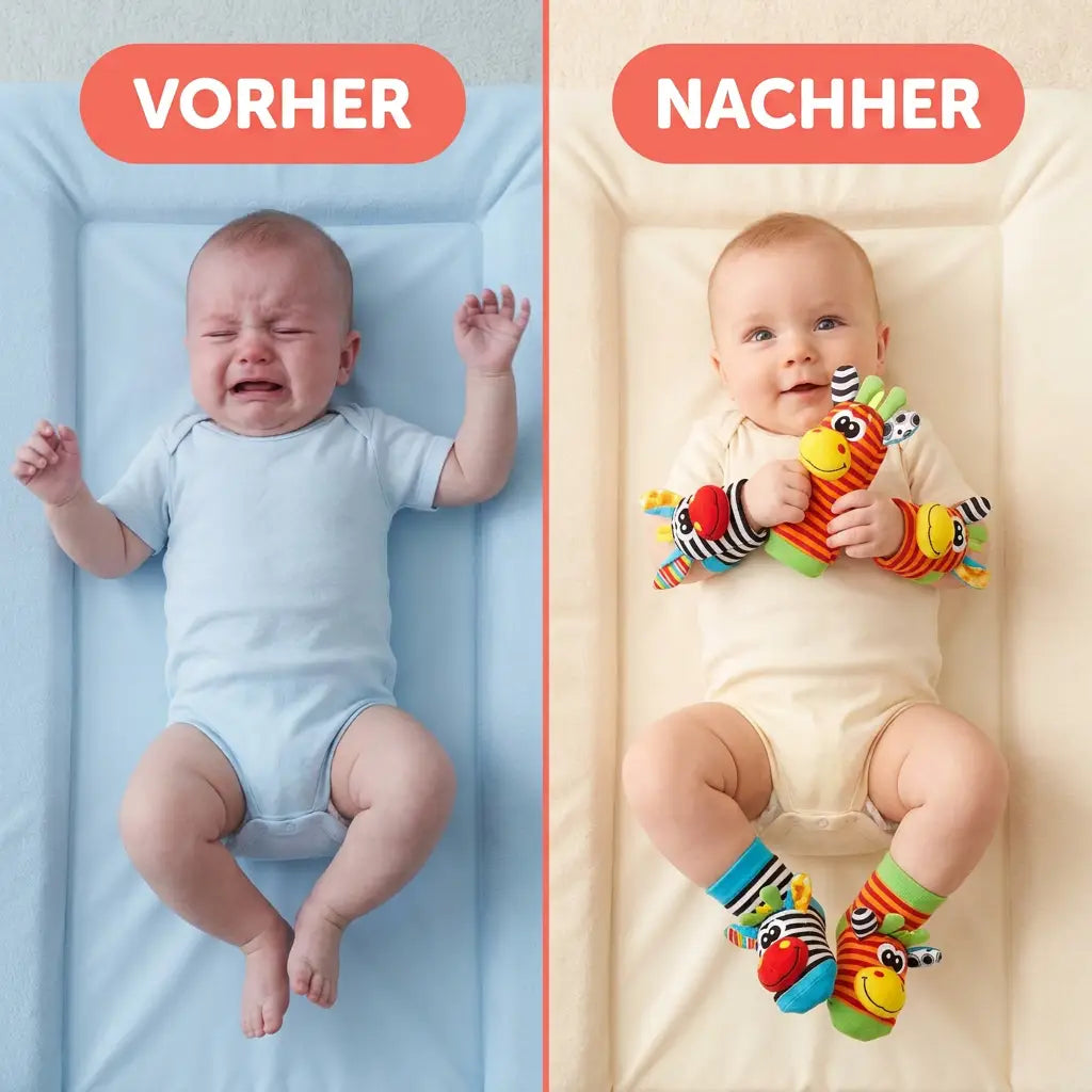 Vergelijking van twee baby's op een commode: links huilend zonder speelgoed, rechts tevreden met rammelaars om de polsen en sokjes aan. 3