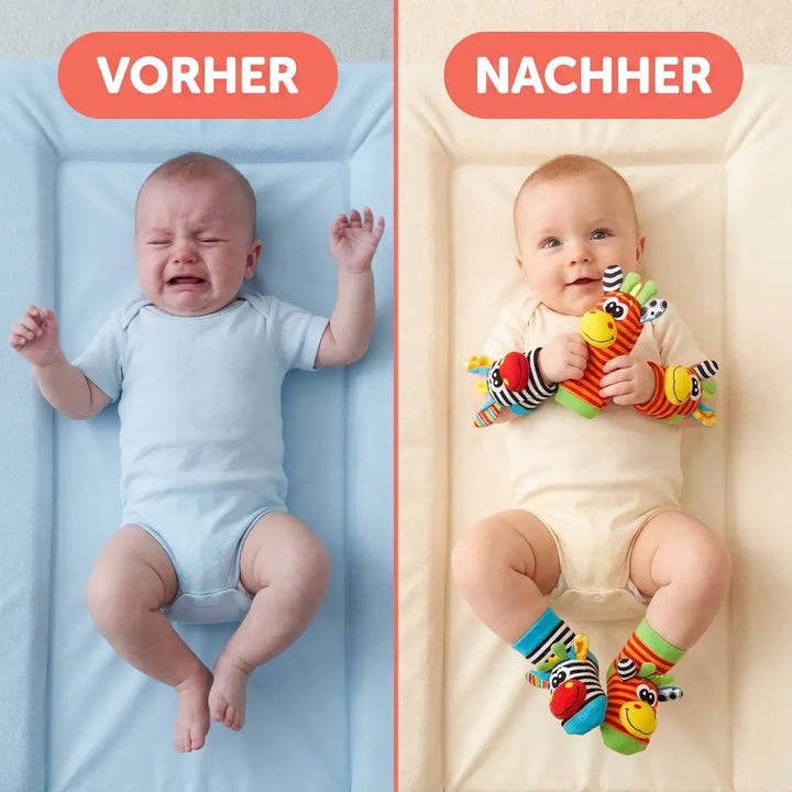 Vergelijking van twee baby's op een commode: links huilend zonder speelgoed, rechts tevreden met rammelaars om de polsen en sokjes aan. 3