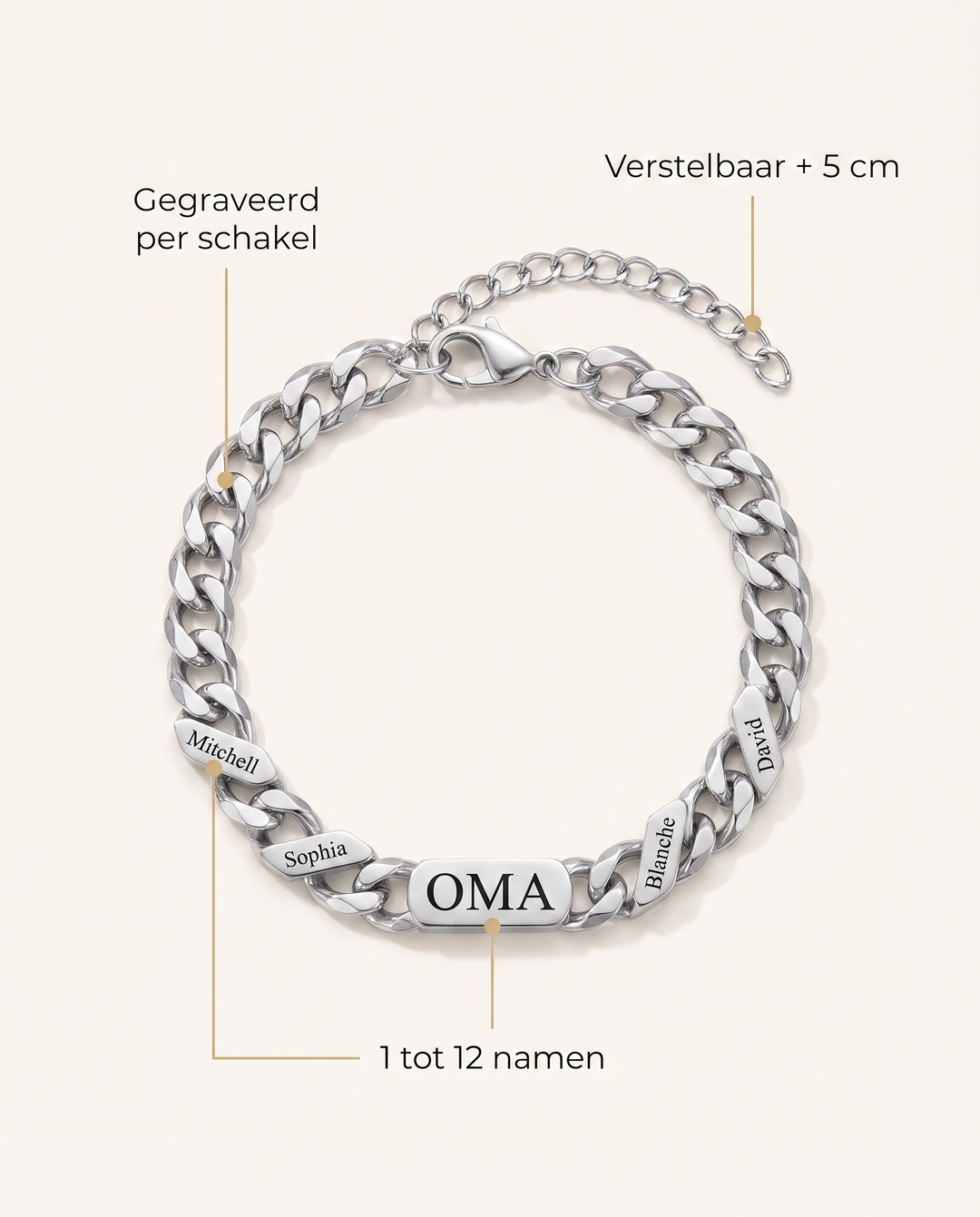 Zilverkleurige armband met Nederlandse toelichting: gegraveerd per schakel, verstelbaar met extra verlengketting, geschikt voor één tot twaalf namen. 6