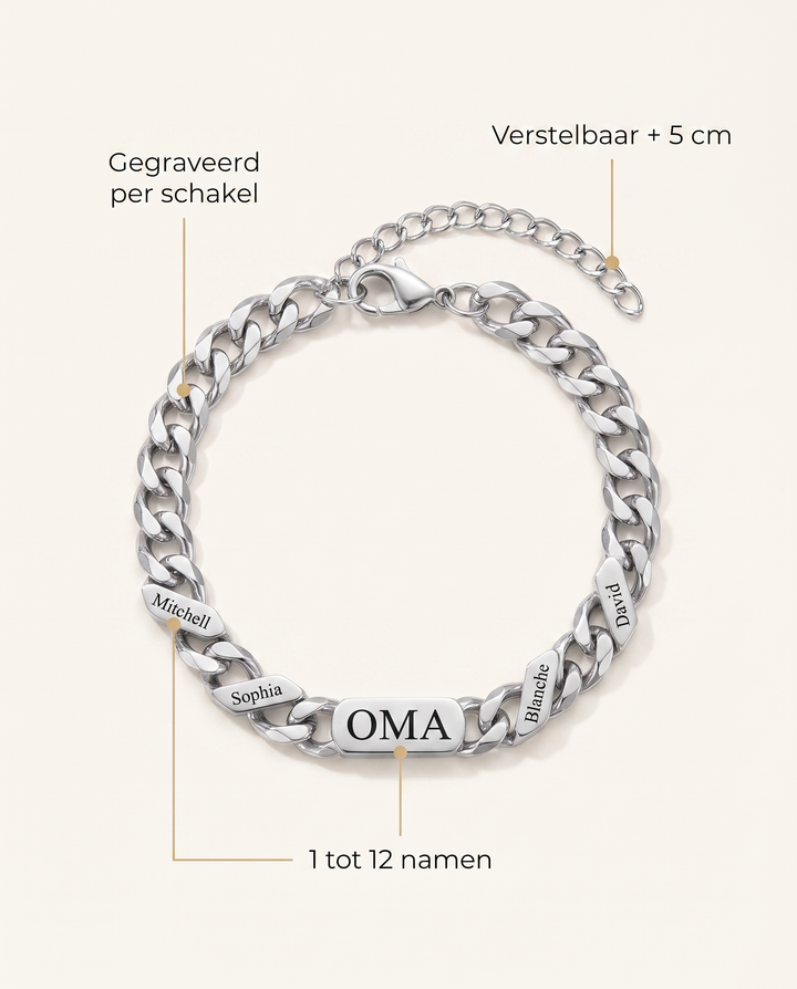 Zilverkleurige armband met Nederlandse toelichting: gegraveerd per schakel, verstelbaar met extra verlengketting, geschikt voor één tot twaalf namen. 6