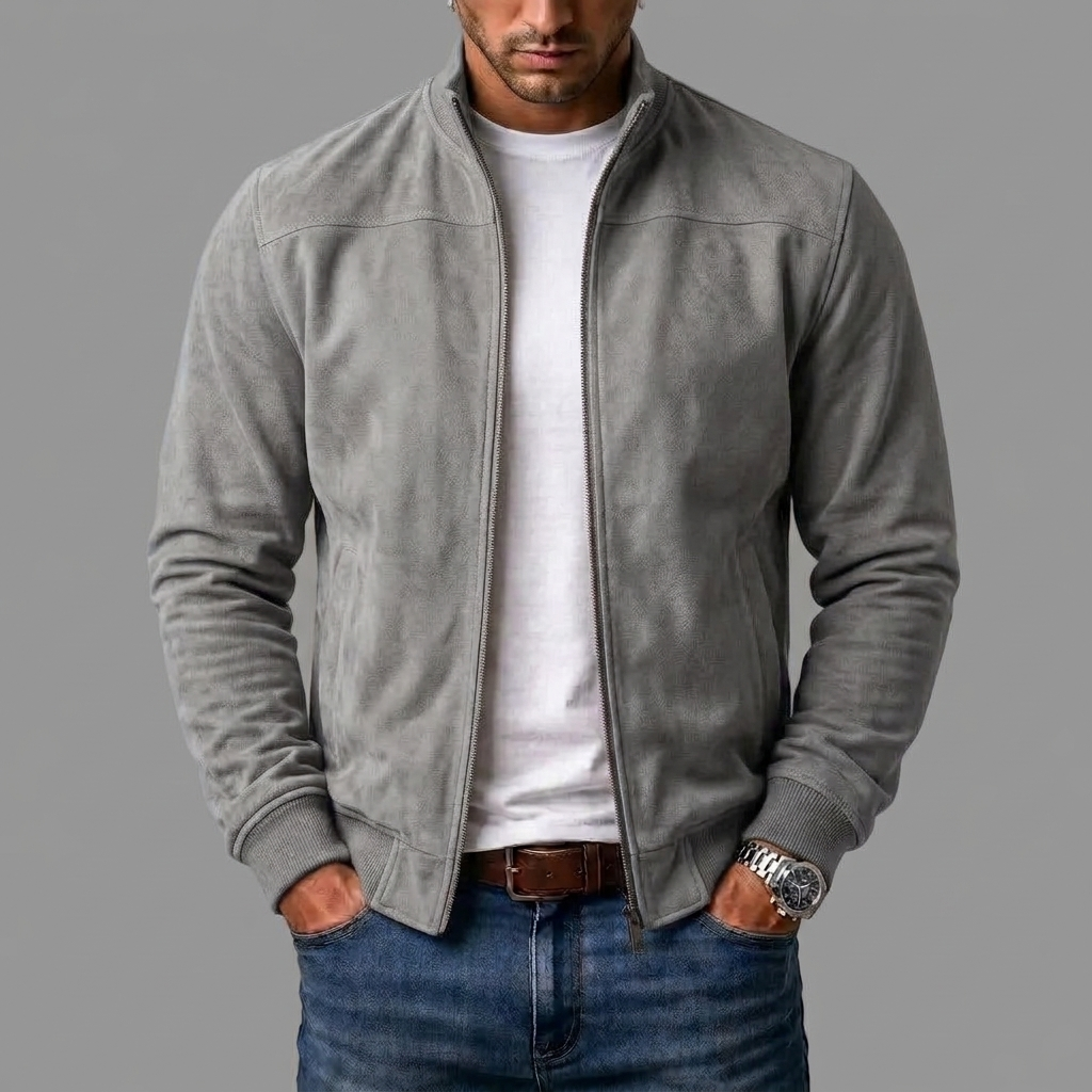 Grijze suèdelook jack, open gedragen over een wit T-shirt en jeans, met geribde zoom en handen in de zakken. 7