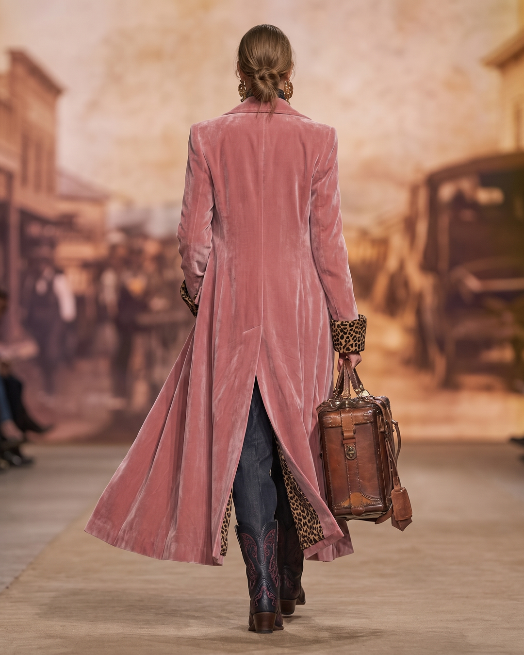 Achterkant van de roze fluwelen mantel met split onderaan, gedragen door een model op een catwalk met een bruine leren tas. 4