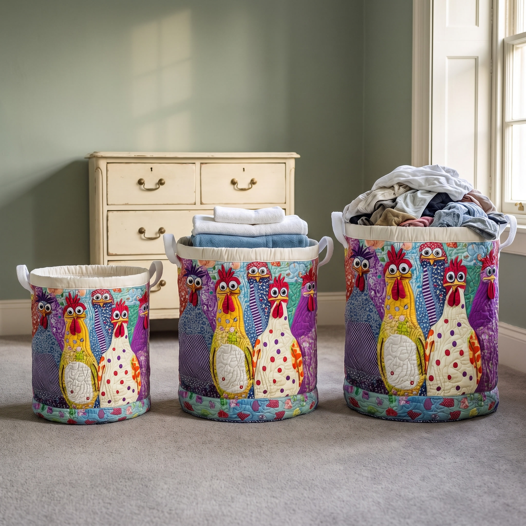 Drie manden in drie maten naast elkaar in een slaapkamer, de middelste met handdoeken en de grootste met een berg kleding. 3