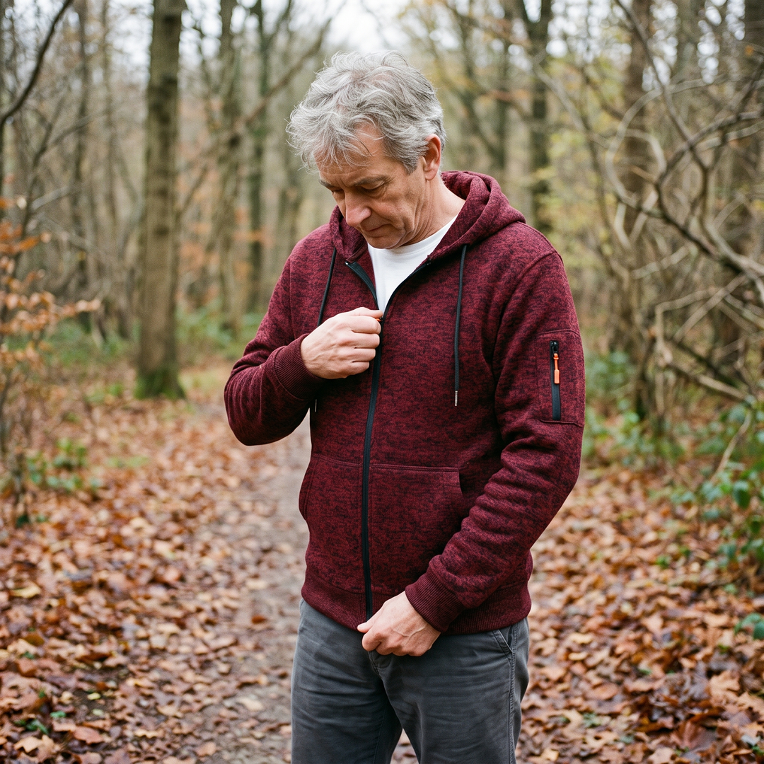 Man met grijs haar draagt de donkerrode hoodie met wit shirt eronder en grijze broek tijdens een boswandeling in de herfst. 6