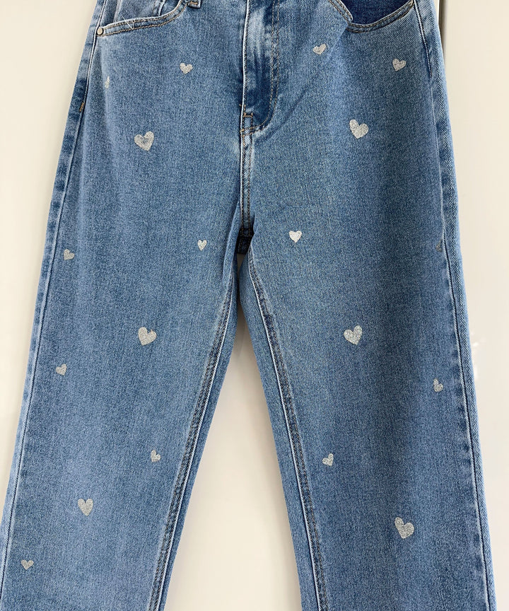 Women's Stretch Jeans with Wide Legs and Heart Print - Amelie