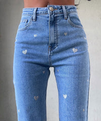 Women's Stretch Jeans with Wide Legs and Heart Print - Amelie