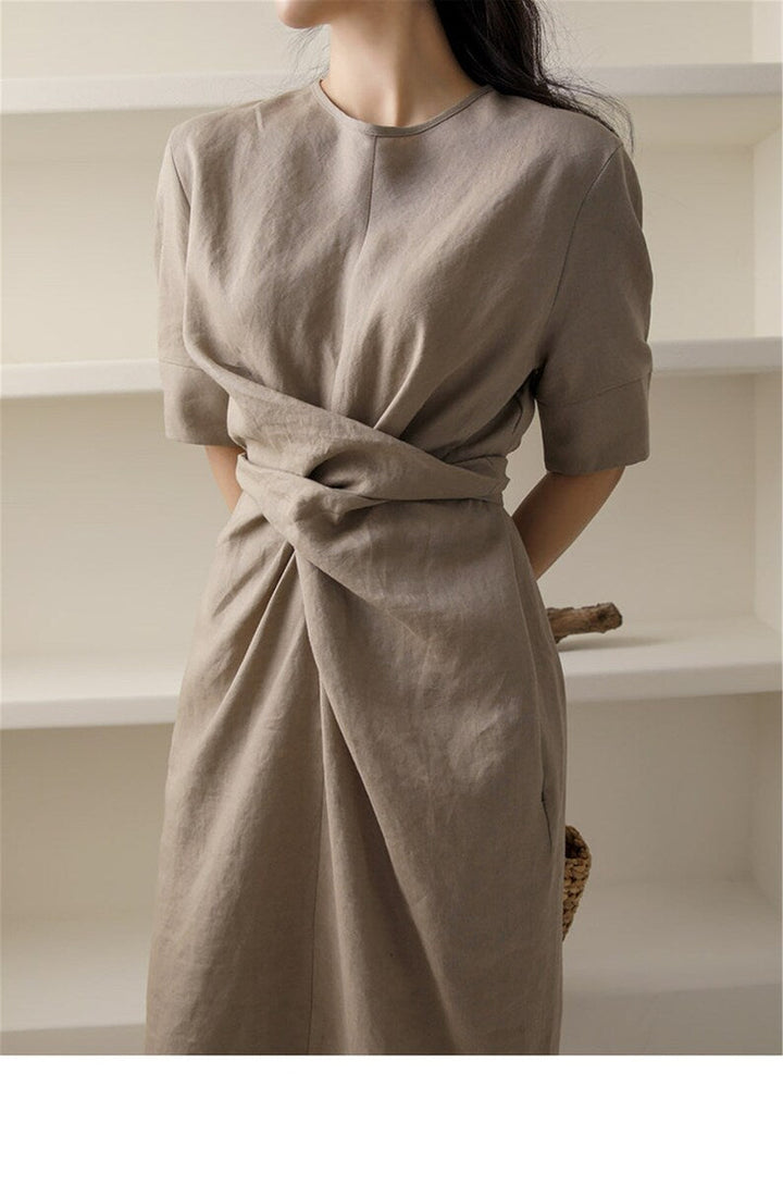 Lightweight Khaki Summer Dress with Adjustable Waist – Isalie
