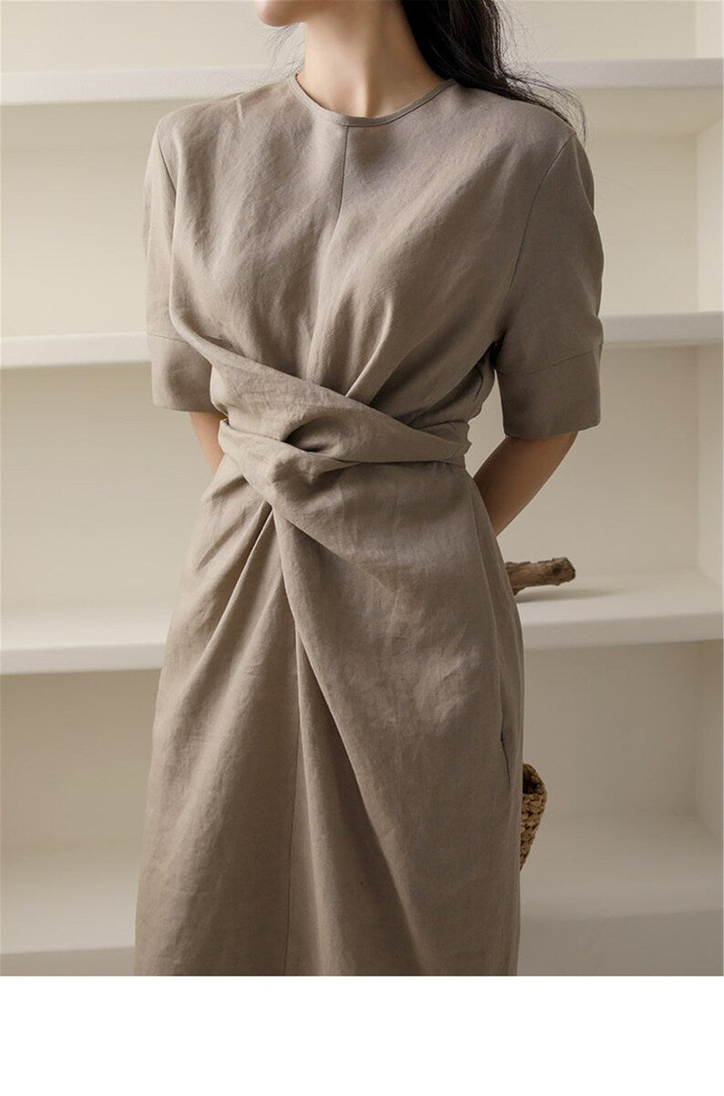 Lightweight Khaki Summer Dress with Adjustable Waist – Isalie