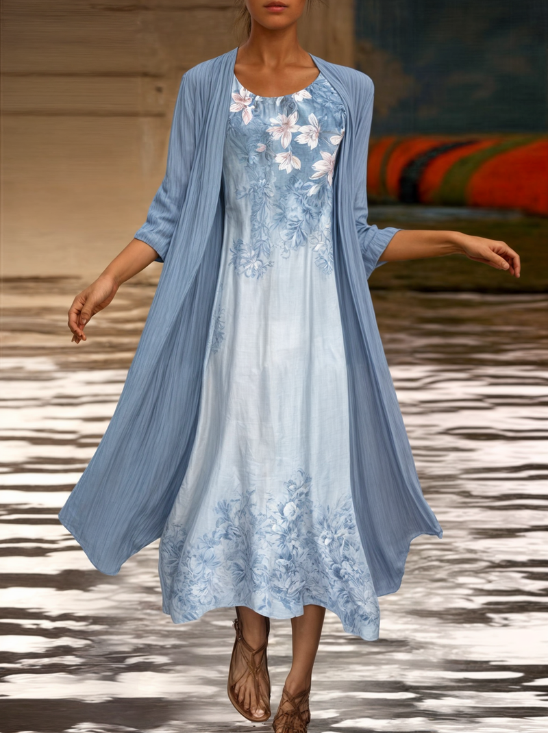 Stylish floral A-line dress with vest for women - Miray