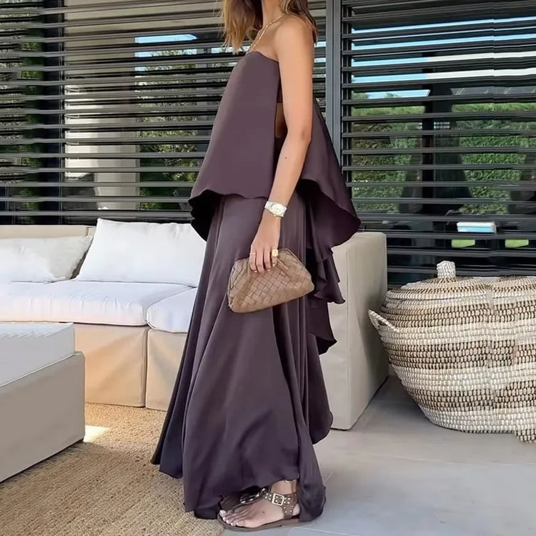 Two-piece off-shoulder blouse and maxi skirt set for women – Jolina