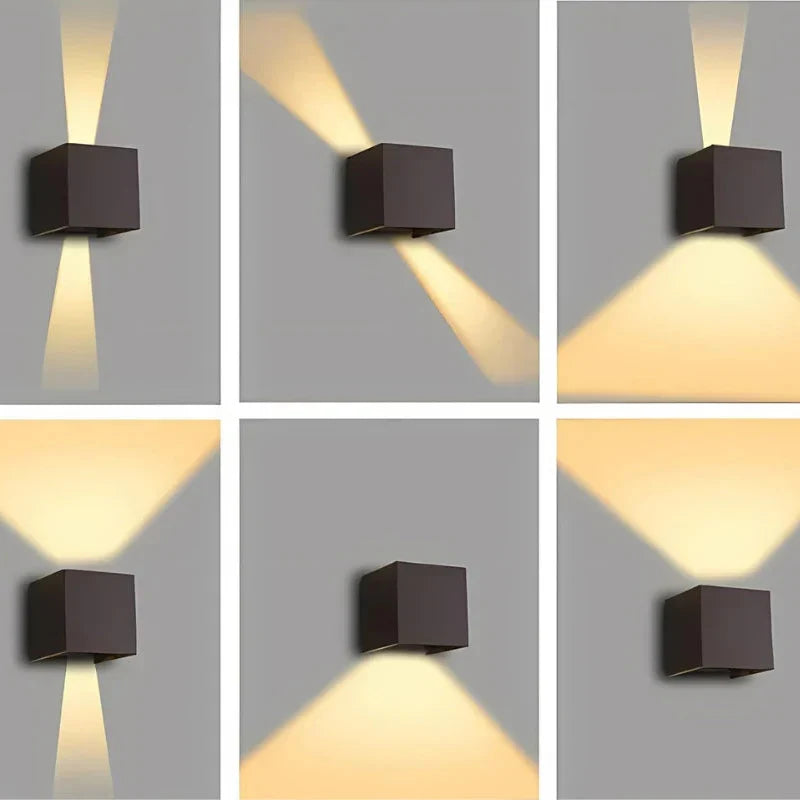 Zes voorbeelden van de instelbare lichtbundel van een donkere kubuslamp: smal, breed, schuin en alleen omhoog of omlaag. 14