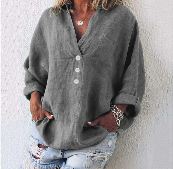 Luchtige Dames Linnen Blouse met Knoopjes en V-hals – Elodie