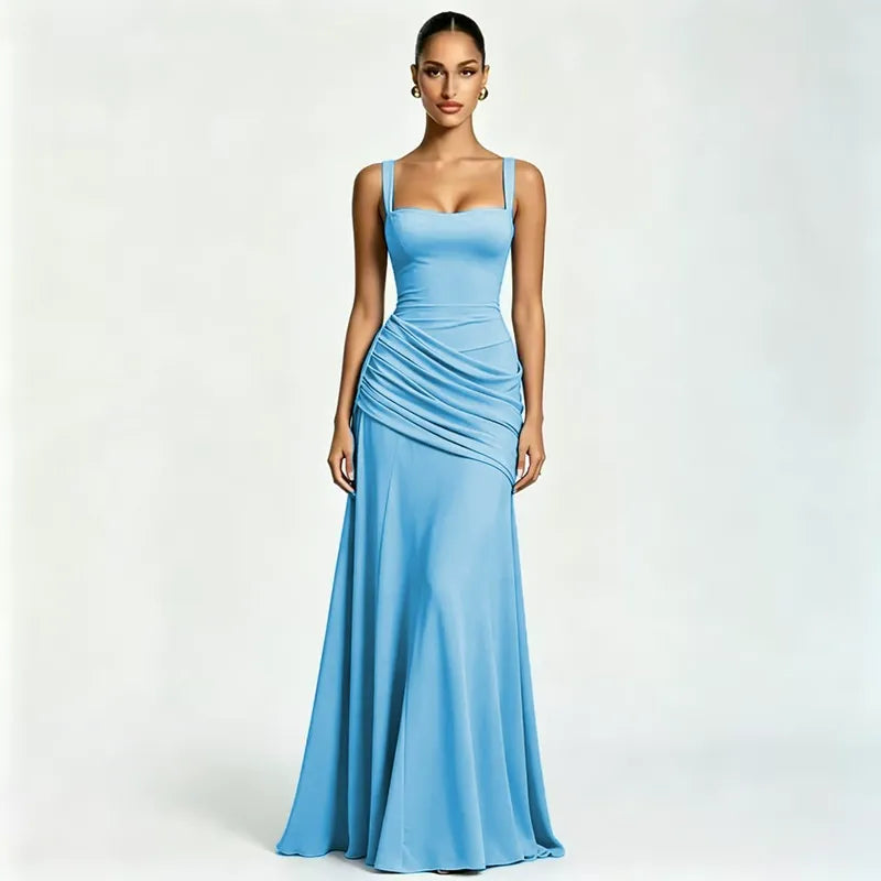 Women's Maxi Dress with Square Neckline and Side Draping 20