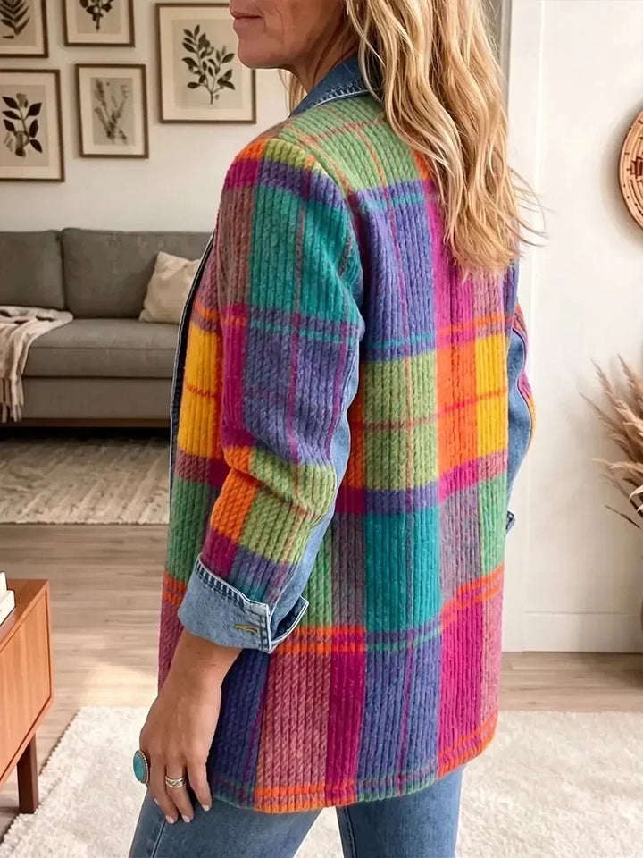 Vintage Style Denim Trim Patchwork Plaid Jacket 2