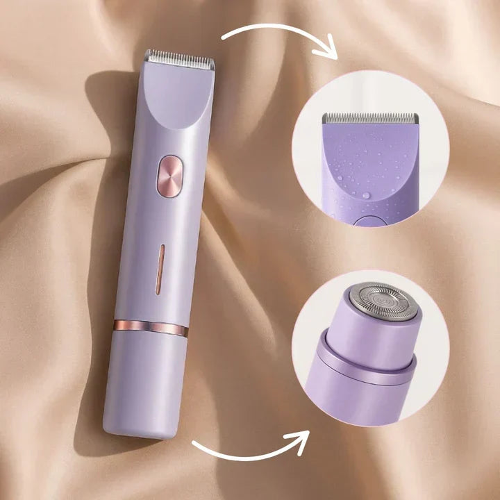 Lila trimmer op beige satijn met twee uitvergrote details: de trimmerkop met waterdruppels en de ronde scheerkop. 12