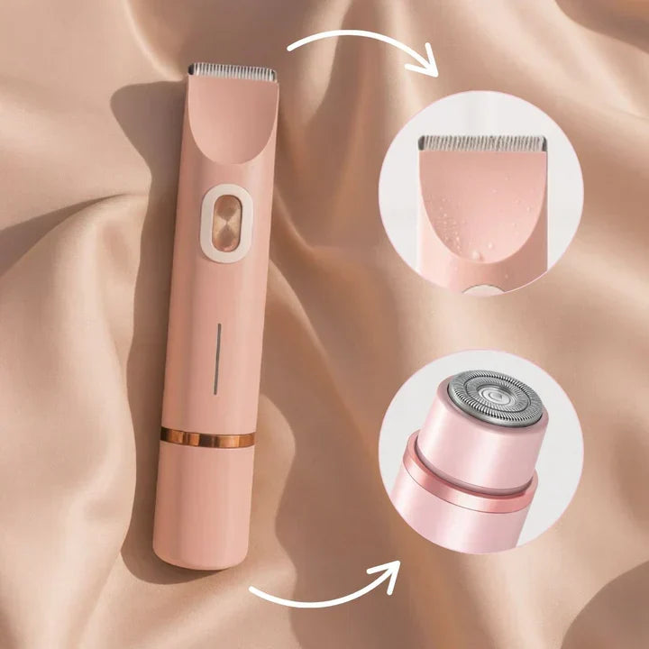 Roze trimmer op beige satijn met twee uitvergrote details: de trimmerkop met waterdruppels en de ronde scheerkop. 3