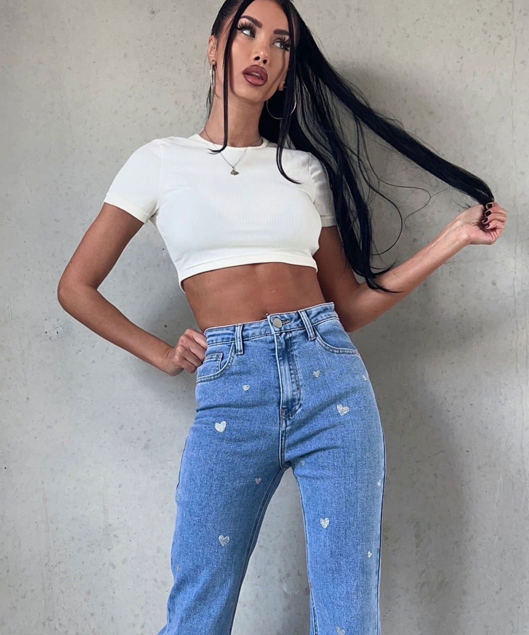 Women's Stretch Jeans with Wide Legs and Heart Print - Amelie