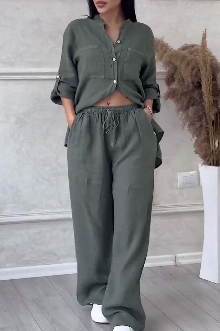 Trendy tweedelige linnen dames set met blouse en wijde broek - Lina