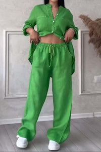 Trendy tweedelige linnen dames set met blouse en wijde broek - Lina