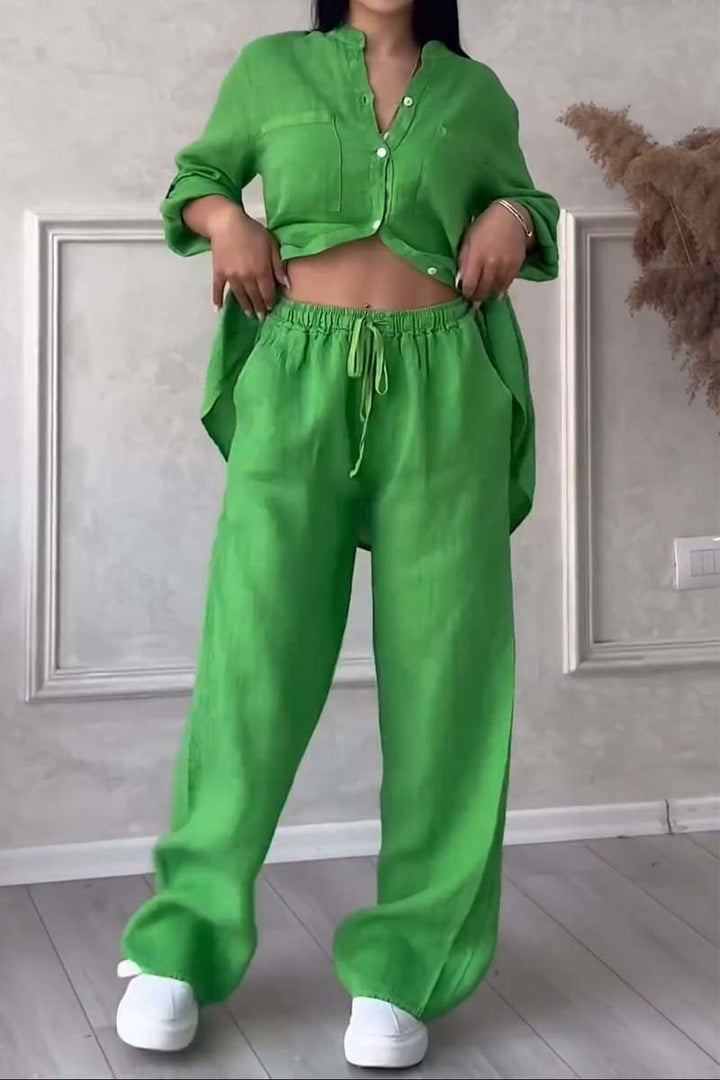 Trendy tweedelige linnen dames set met blouse en wijde broek - Lina