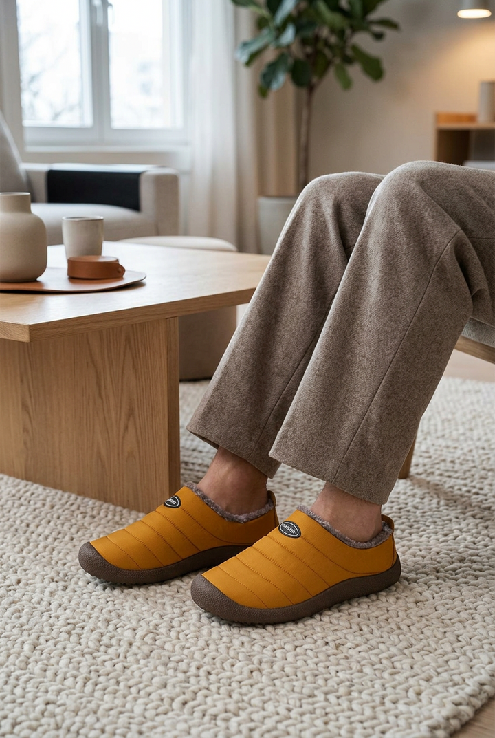 Gele gewatteerde pantoffels met pluche voering aan de voeten van een zittende man in een woonkamer 1