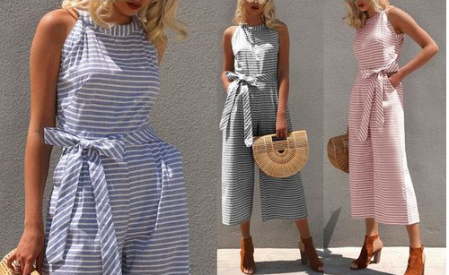 Gestreepte zomer jumpsuit voor dames met een wijde pijp en V-hals - Alina