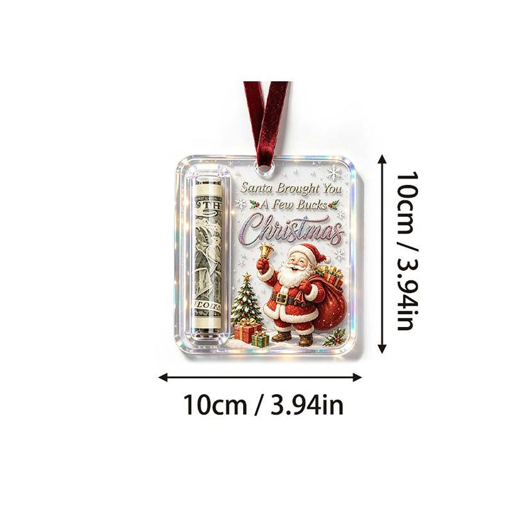 Maatschema van de hanger met een afmeting van 10 bij 10 centimeter, het rode fluwelen lint en een kerstmanontwerp. 12