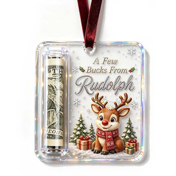 Hanger op witte achtergrond met een schattig rendier met rode neus en sjaal tussen cadeaus, naast het opgerolde biljet. 17