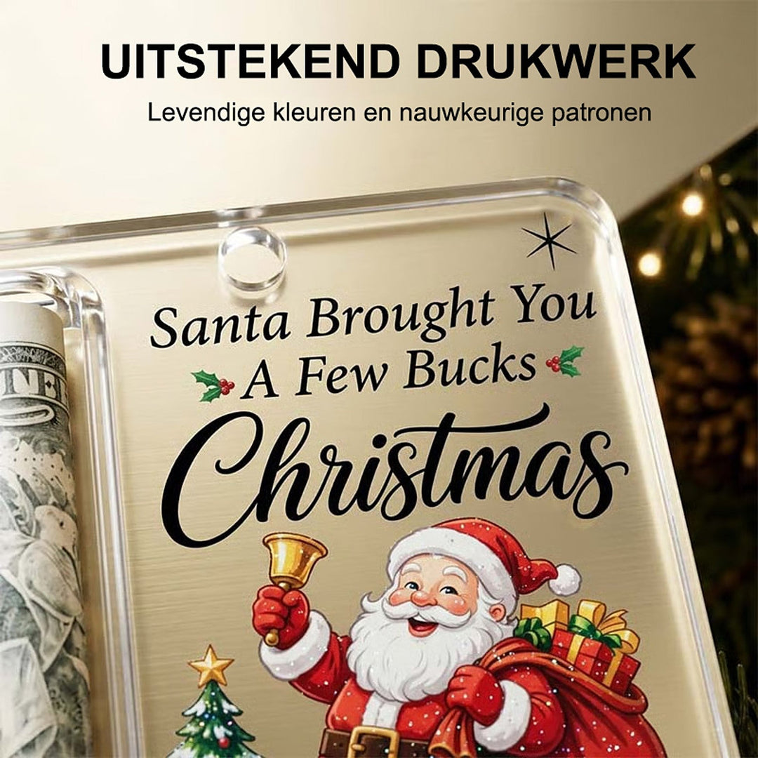 Close-up van de bovenkant van de acrylhanger met het scherpe, kleurrijke opdrukwerk, het ophangoogje en de kerstman met zak cadeaus. 4