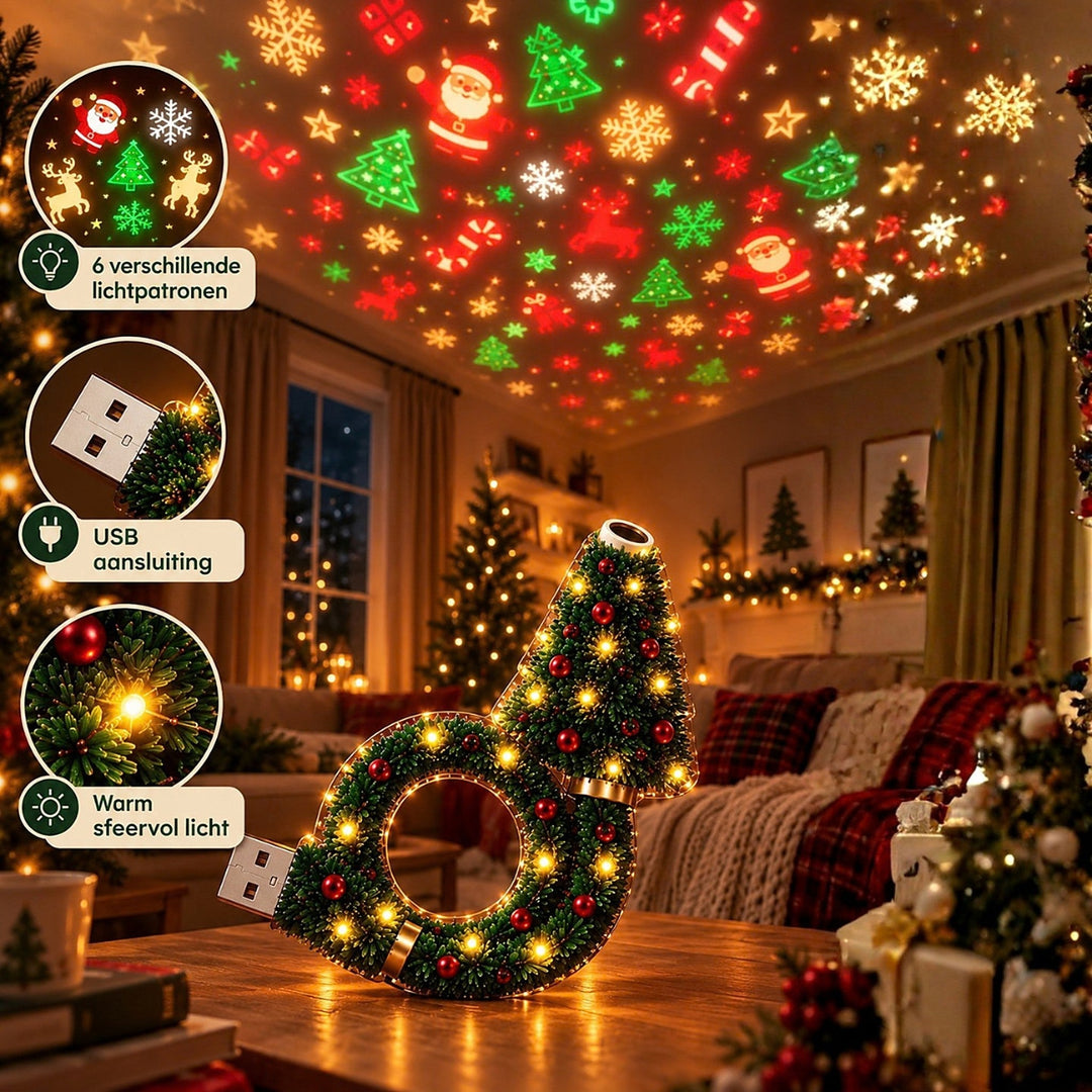 Lamp op een houten tafel in een gezellige kamer, die kerstfiguren op het plafond projecteert, met inzetbeelden van de USB-stekker en het licht. 2