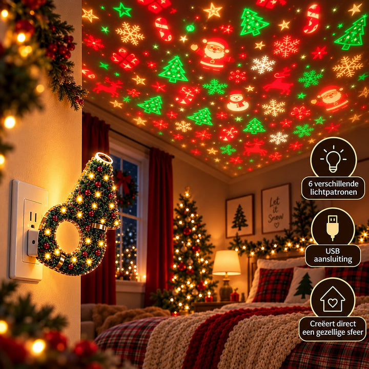 Lamp in een stopcontact aan de wand van een kerstachtige slaapkamer, met rode en groene kerstfiguren op het plafond. 4