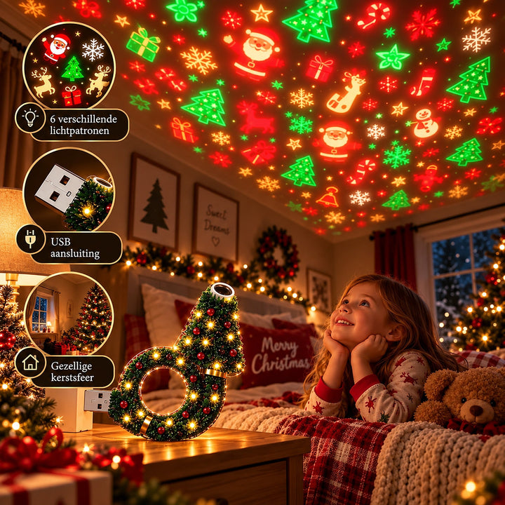 Lamp op een nachtkastje terwijl een lachend meisje in pyjama in bed naar de gekleurde kerstprojectie op het plafond kijkt. 6