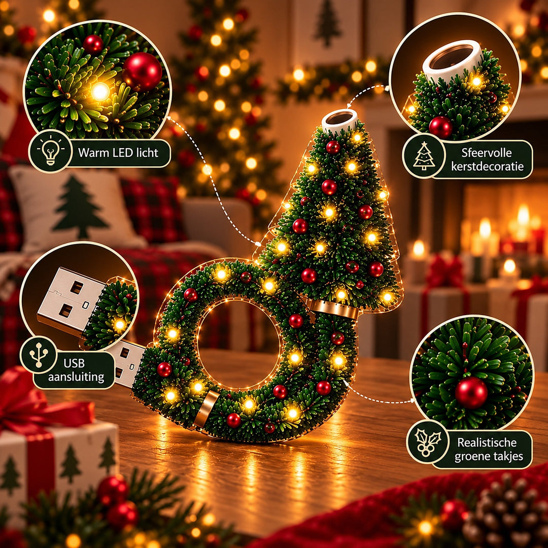 Close-ups van de lamp met warme ledlampjes, de lens bovenaan, de USB-stekker en de realistische groene takjes met rode kerstballen. 8