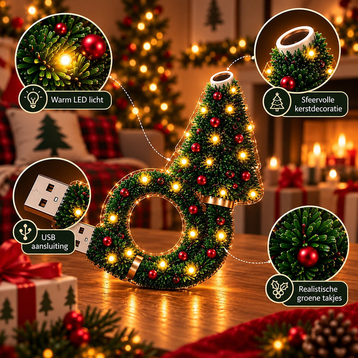 Close-ups van de lamp met warme ledlampjes, de lens bovenaan, de USB-stekker en de realistische groene takjes met rode kerstballen. 8