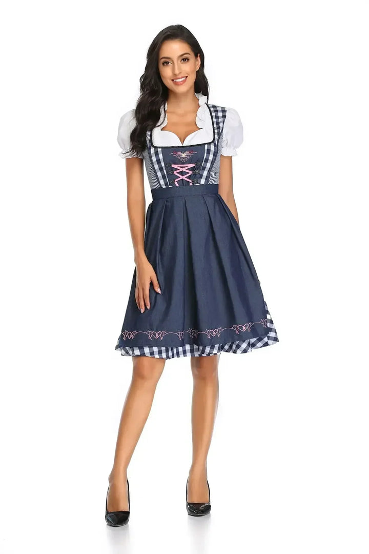 Model in blauw-wit geruite dirndl met donkerblauwe schort, roze vetersluiting en geborduurd hartjesmotief langs de zoom, vooraanzicht. 3