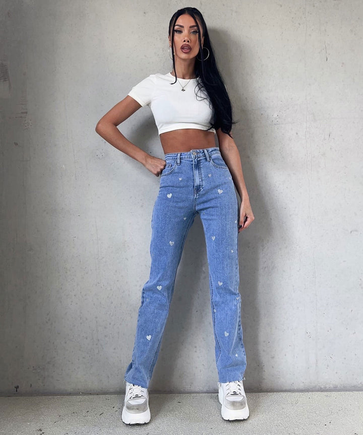 Women's Stretch Jeans with Wide Legs and Heart Print - Amelie