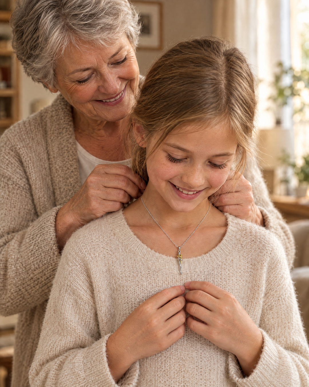 Een oudere vrouw doet een meisje de ketting met knuffelhanger om, terwijl het meisje glimlachend naar het sieraad kijkt. 4