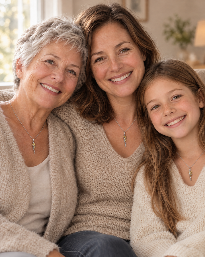 Oma, moeder en dochter zitten dicht tegen elkaar op de bank en dragen alle drie dezelfde ketting met knuffelhanger. 5