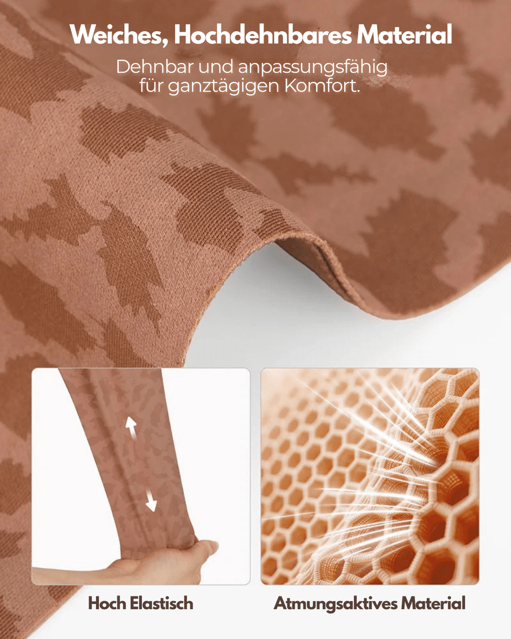 Close-up van de zachte, rekbare stof in bruine print, met een hand die de stof uitrekt en een honingraatstructuur. 2