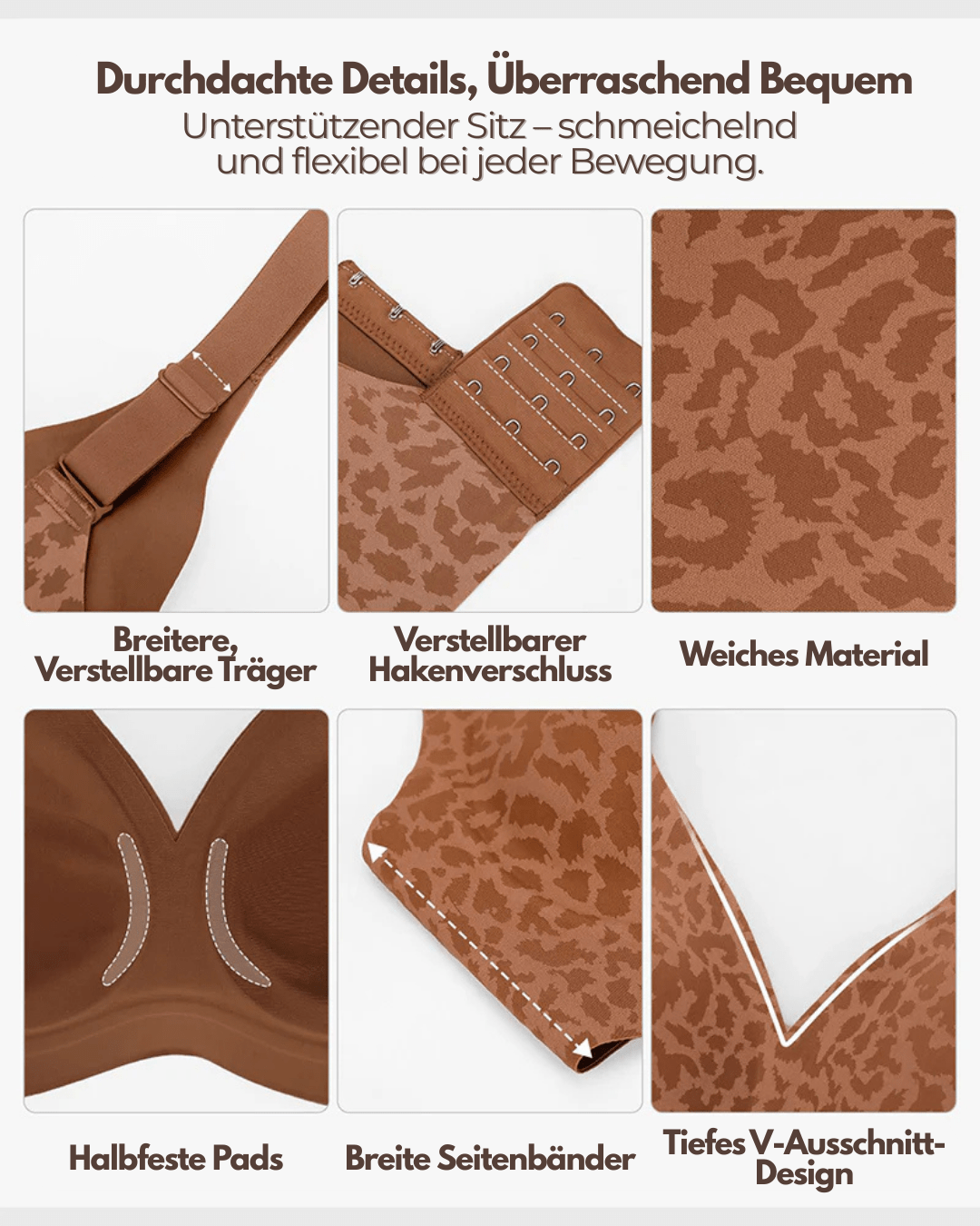 Collage van details: verstelbare brede bandjes, haakjessluiting, zachte stof, semi-vaste pads, brede zijbanden en diepe V-hals. 4